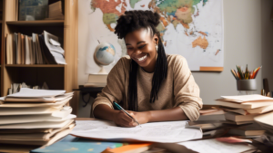 An image of a person sitting at a desk, surrounded by books and papers, working on a scholarship application. The person is smiling and looks confident and