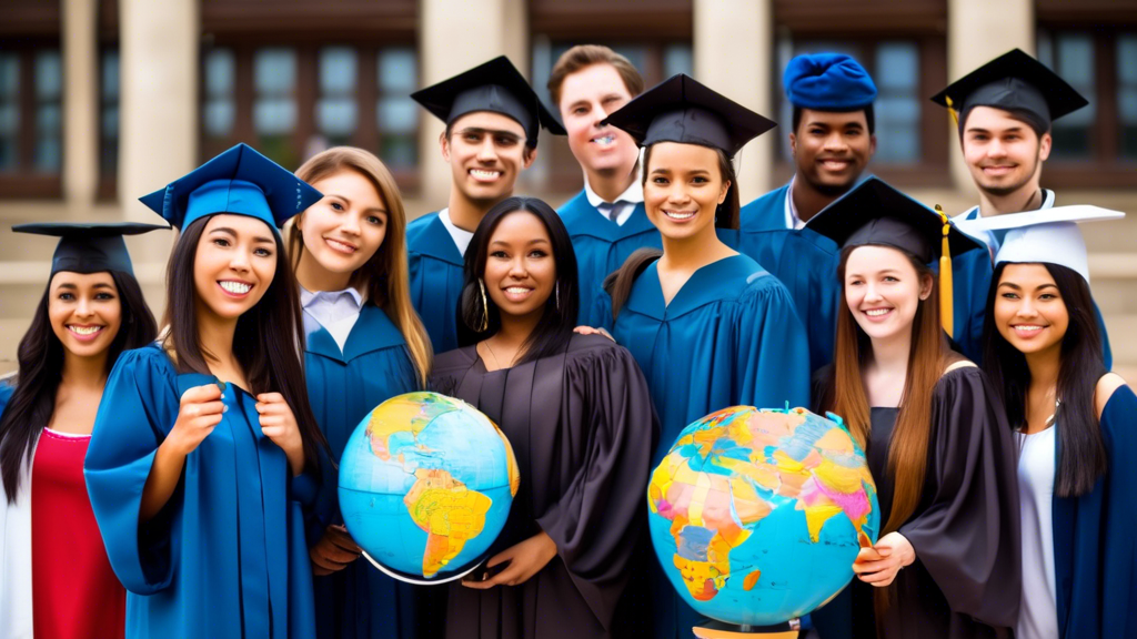 A diverse group of university graduates in their caps and gowns standing around a globe. They represent different cultures and countries, symbolizing the g