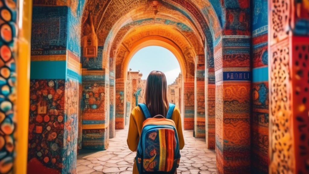 A surreal and vibrant photo of a student exploring a new world while studying abroad, surrounded by diverse cultures and experiences, representing the jour