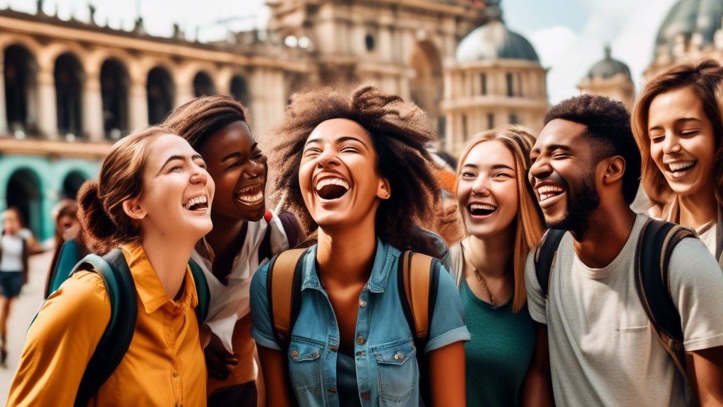 A vibrant and captivating image of a group of diverse students laughing and exploring a new country, surrounded by landmarks and cultural experiences that