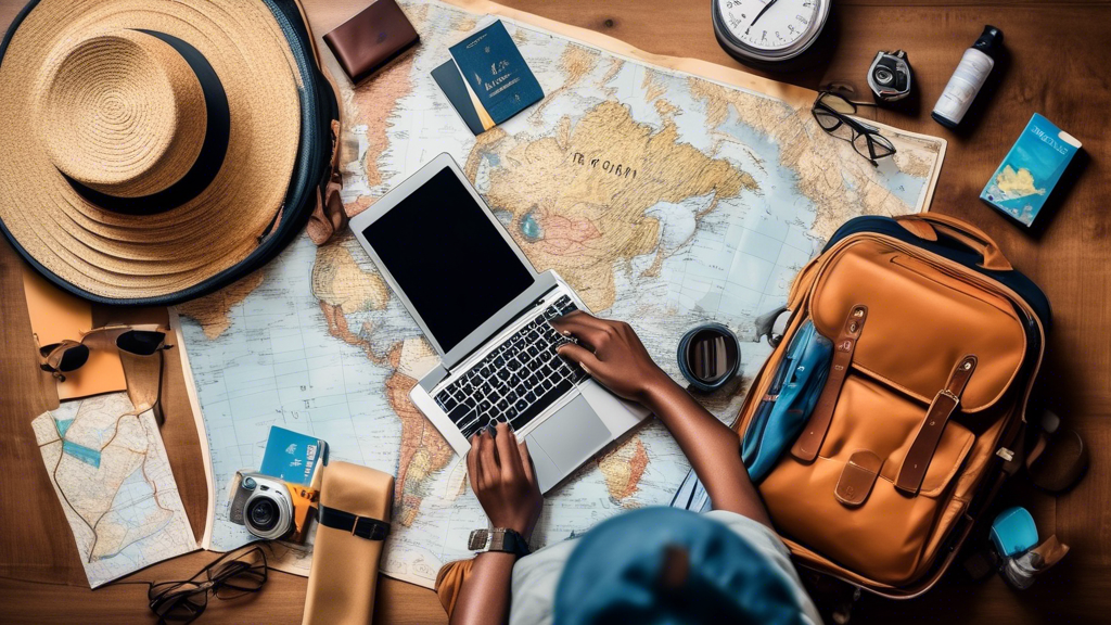 An image of a person packing for a trip abroad with a suitcase, backpack, and travel accessories, surrounded by maps, books, and a laptop. The image should