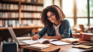 An image of a student studying English with textbooks, a laptop, and a tutor or teacher, with a background that suggests international travel or study abro