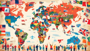 A world map with students from various countries traveling to popular study abroad destinations, such as the United States, United Kingdom, Canada, Austral