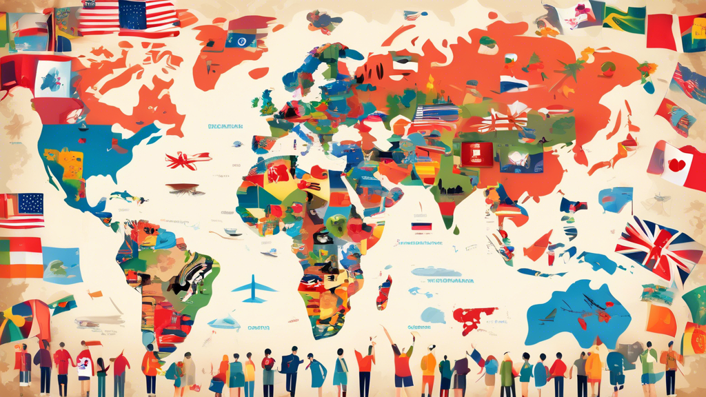 A world map with students from various countries traveling to popular study abroad destinations, such as the United States, United Kingdom, Canada, Austral