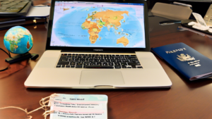 A photograph of a passport, a globe, and a laptop on a desk. The passport is open to a page that says Vietnam. The globe is showing the continents of Asia